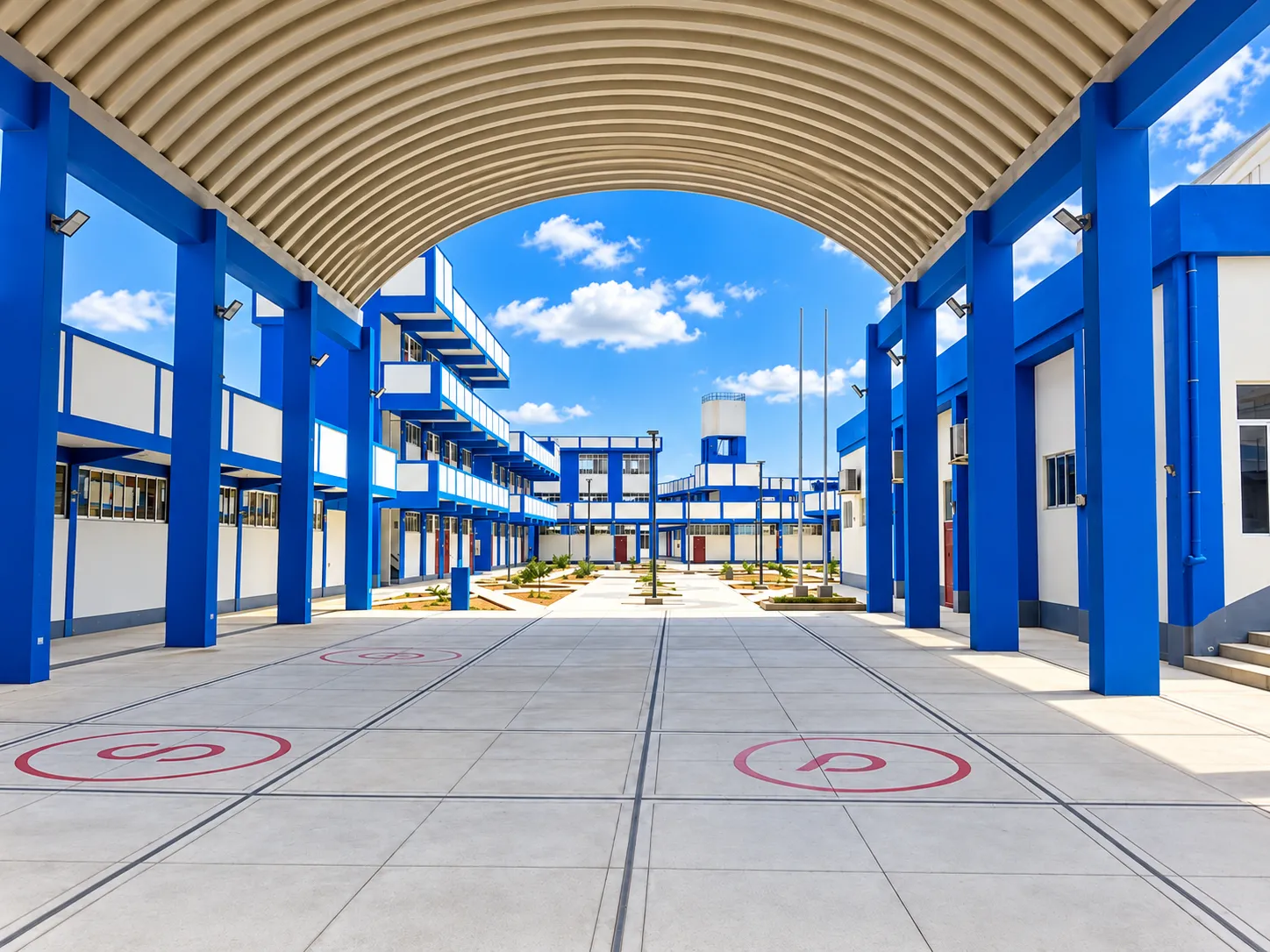 Patio central y pabellones azul y blanco del IESTP Hermanos Cárcamo, bajo una cubierta curva