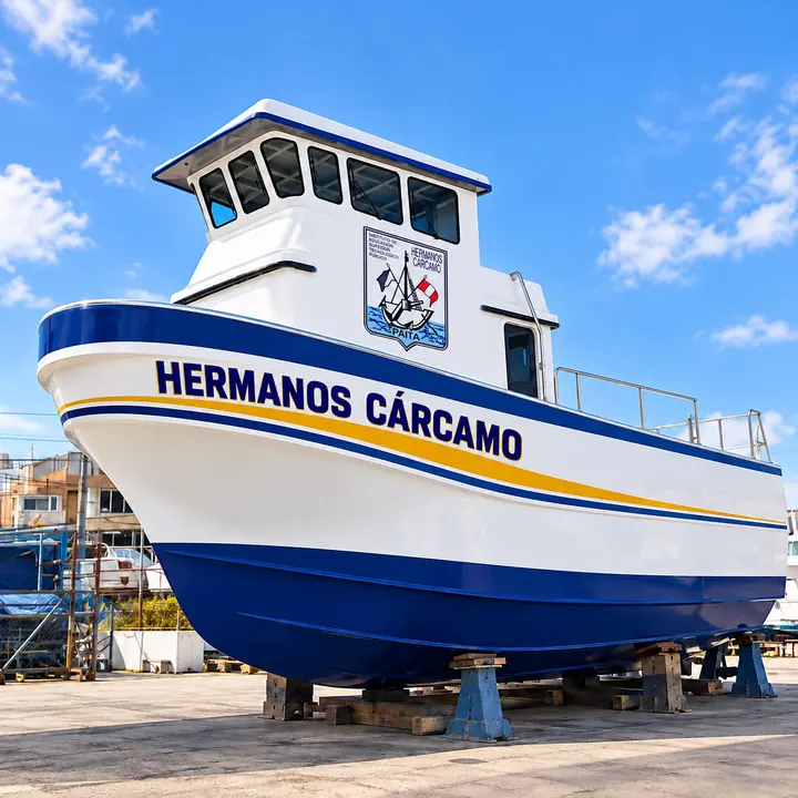 Embarcación rotulada Hermanos Cárcamo, situada en un astillero